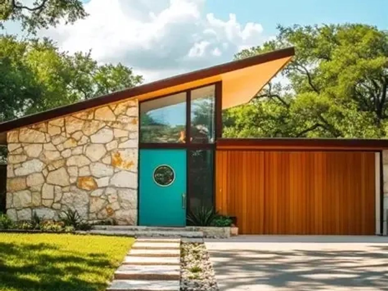 Modern house with stone walls and a turquoise door.