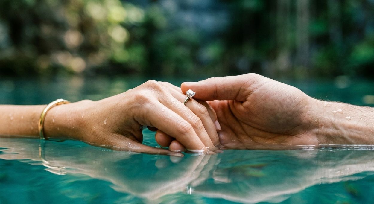 Manos entrelazadas con un anillo de compromiso bajo el agua.