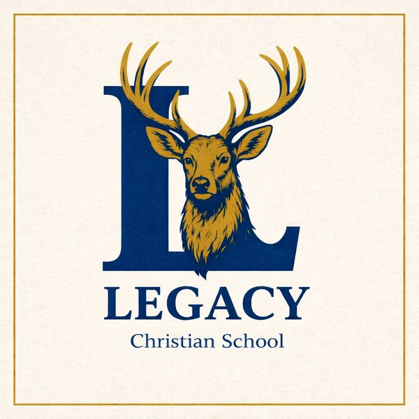 Logo of Legacy Christian School featuring a blue letter L and a golden deer head.