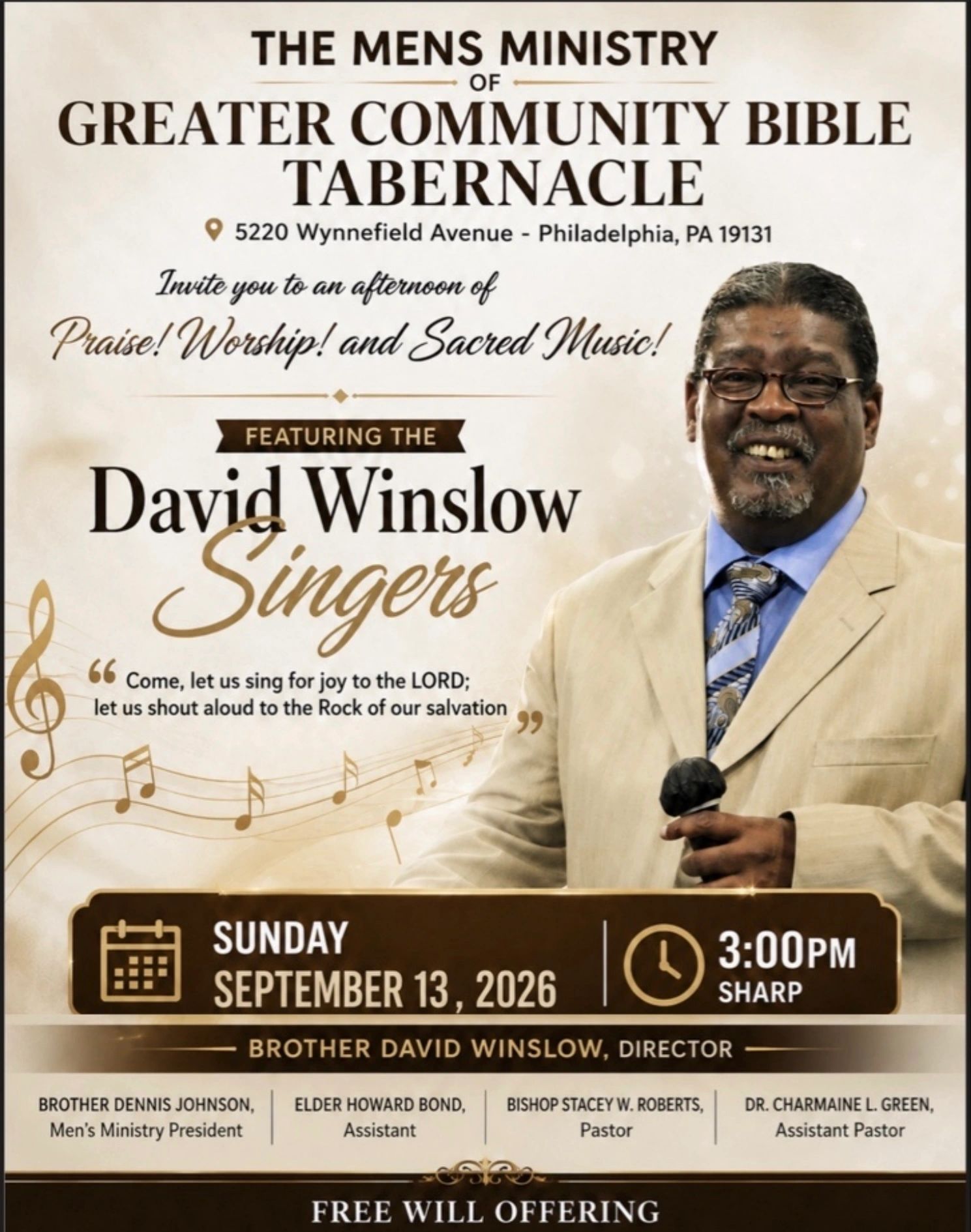 Men's Ministry event featuring David Winslow Singers on September 13, 2026.