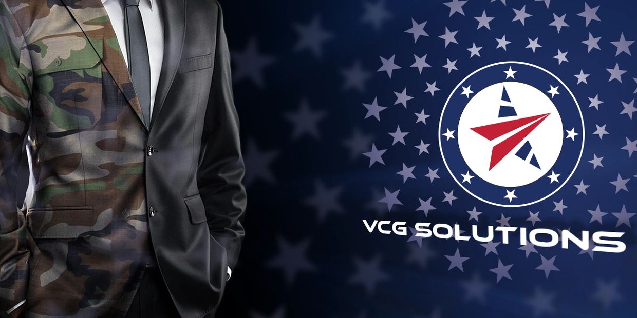 VCG Solutions logo and a man in a business suit / military uniform combination indicating SDVOSB