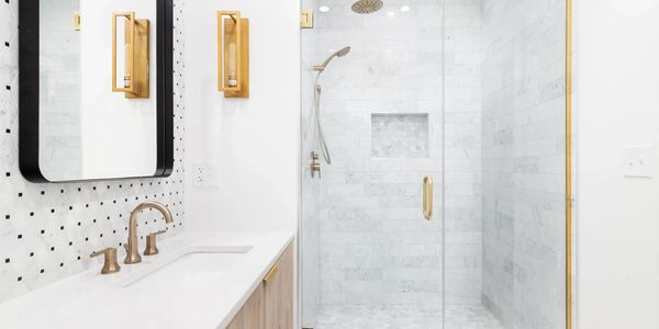 Image of bathroom with glass shower door
