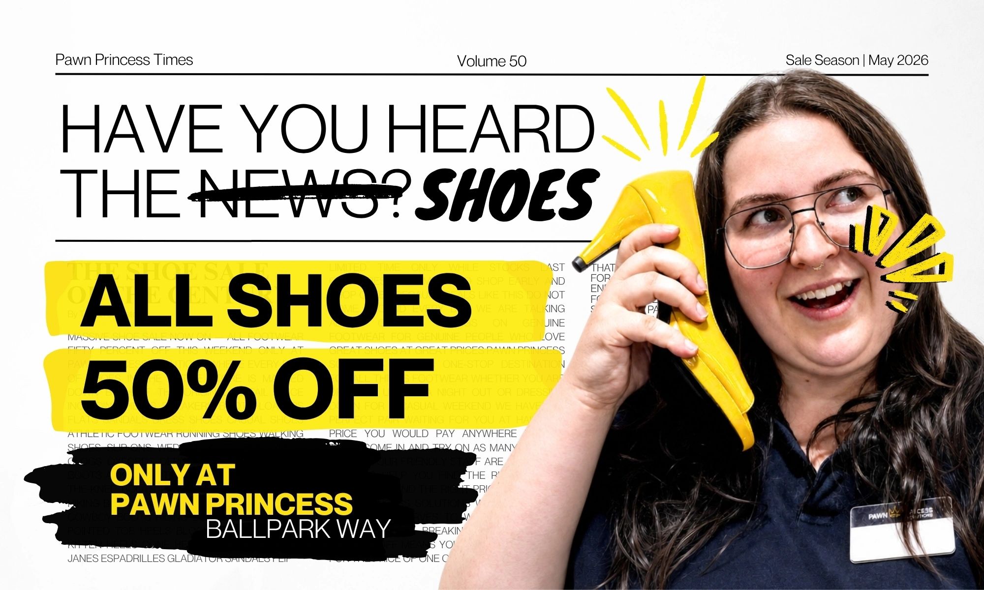 Woman holding a yellow shoe like a phone, promoting a 50% off shoe sale.