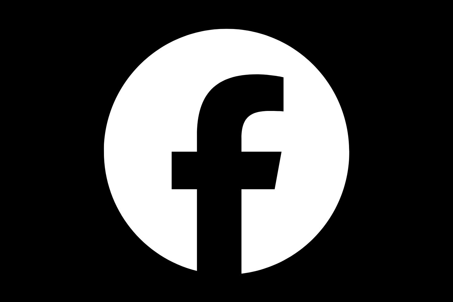 Black Facebook logo inside a white circle on a black background.