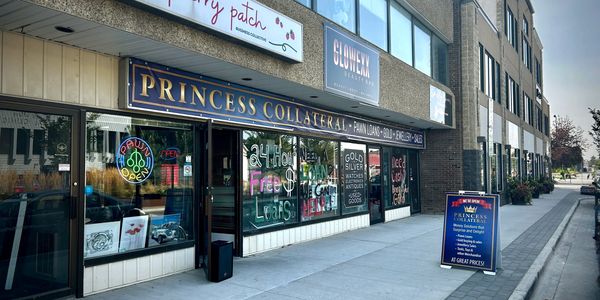 Storefronts including Princess Collateral pawn shop and The Raspberry Patch business collective.