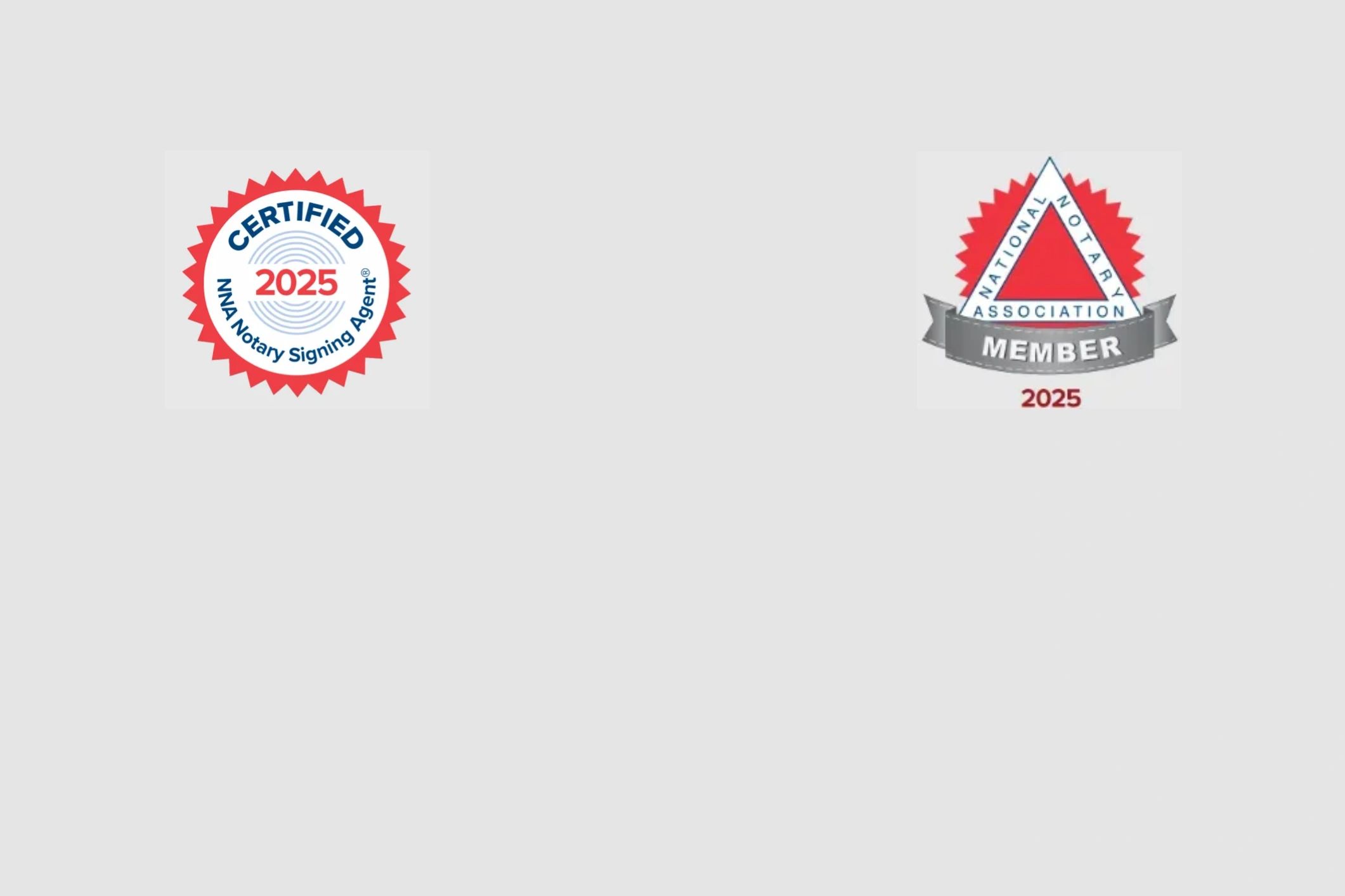 Two badges indicating Notary Signing Agent certification and National Notary Association membership for 2025.