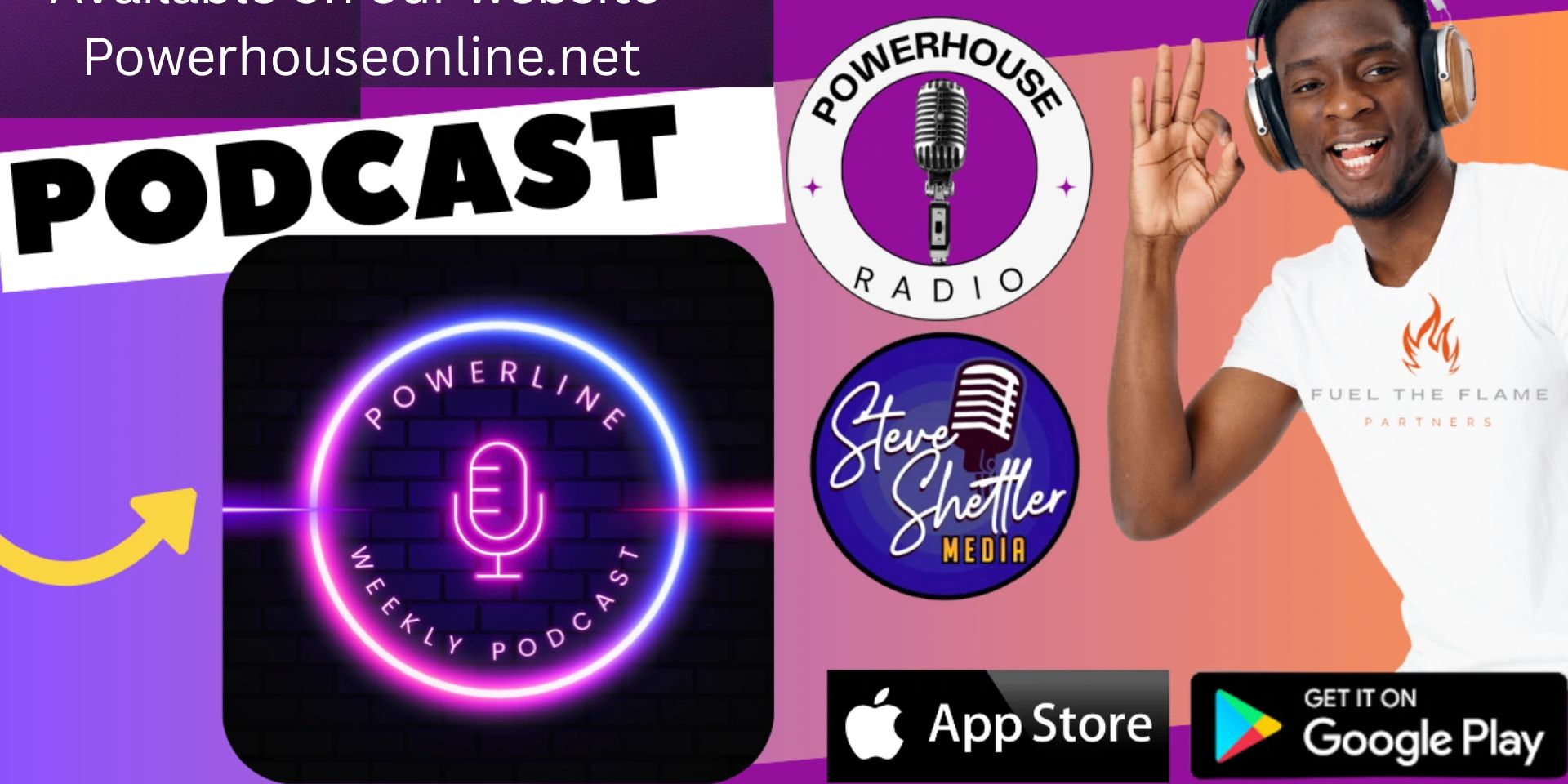 Podcast promotion with logos and app store icons.