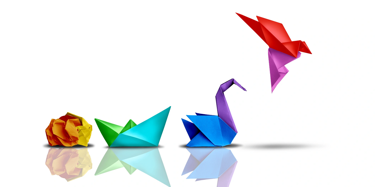 "Origami sequence: paper transforms from a ball to a bird, symbolizing leadership growth."