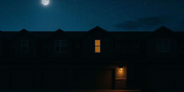 A quiet night with a glowing moon and one illuminated window in a row of dark houses.