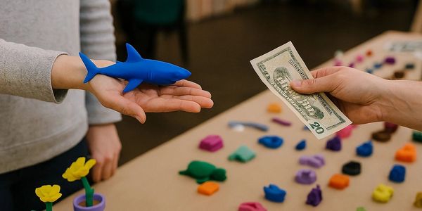 Person sells a blue shark figurine for twenty dollars at a colorful craft table.