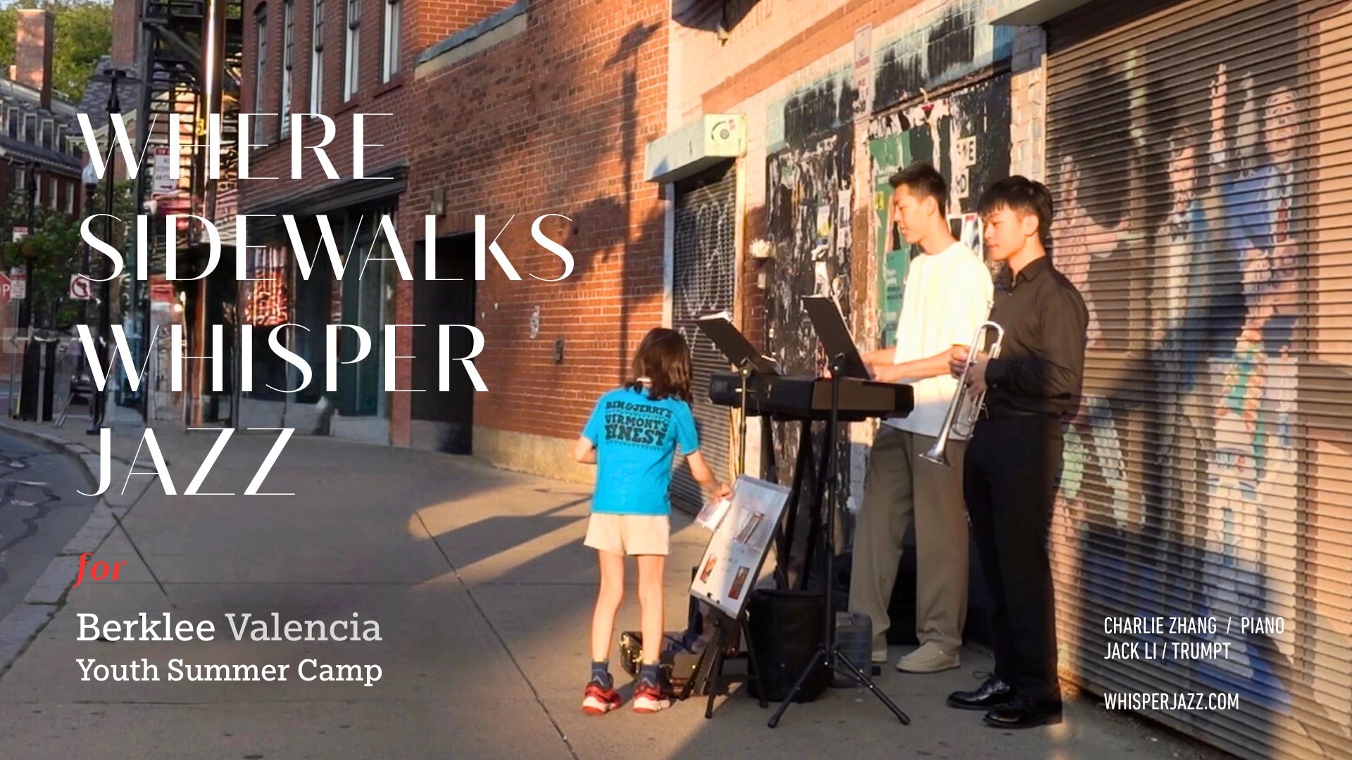 Street musicians playing jazz on a sunlit urban sidewalk with a child nearby.