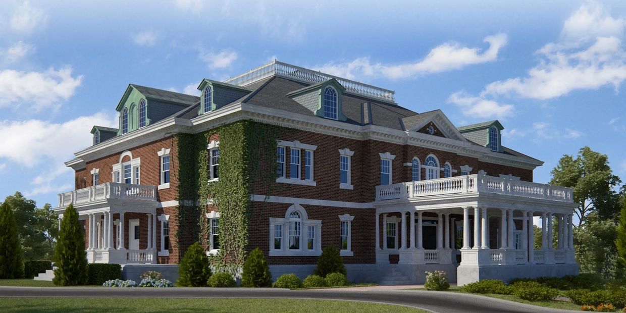 A large, elegant brick mansion with white columns and green ivy under a blue sky.