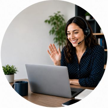 Mujer sonriente usando auriculares y saludando en videollamada.
