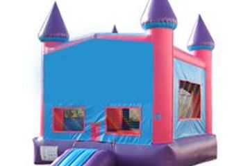 Pink bounce house. 15x15 with basketball hoop. Add a banner to the front to customize your bounce house. 