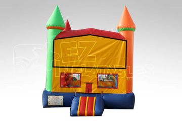 Colorful 15x15 with basketball hoop. Add a banner to the front to customize your bounce house. 