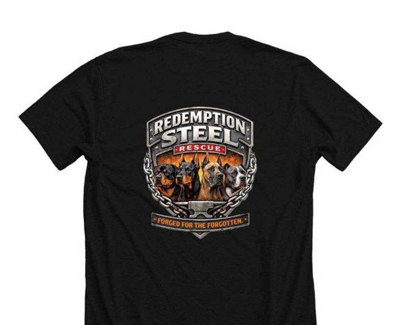 Black t-shirt with Redemption Steel Rescue logo featuring four dogs and a chain design.