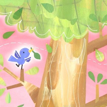 Illustration by Jane Dippold of aa bluebird with a leaf standing on a tree branch