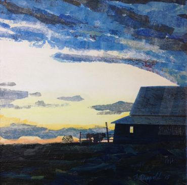 collage art of barn silhouetted against sky