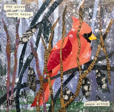Red cardinal in winter on branch in collage
