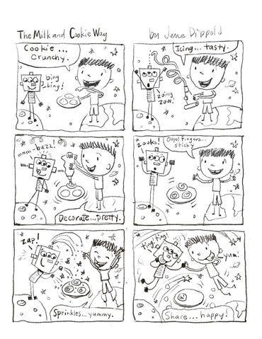Illustration by Jane Dippold of pencil sketch of a boy and his friendly robot in a six panel story