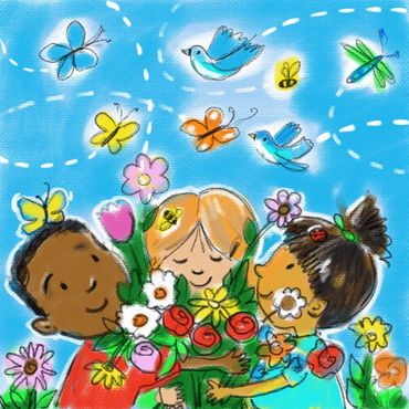 Illustration by Jane Dippold of three kids holding a bouquet