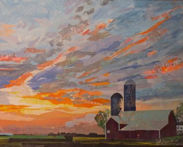 collage artwork of a red barn at sunset