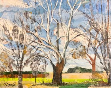 paper collage artwork by Jane Dippold of a sycamore tree in a sunny field