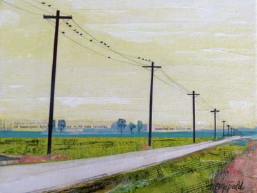 collage art of telephone poles on a country road