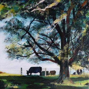 collage art of cows under a shade tree