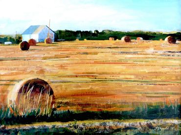 collage art of hay bales in a field with white barn
