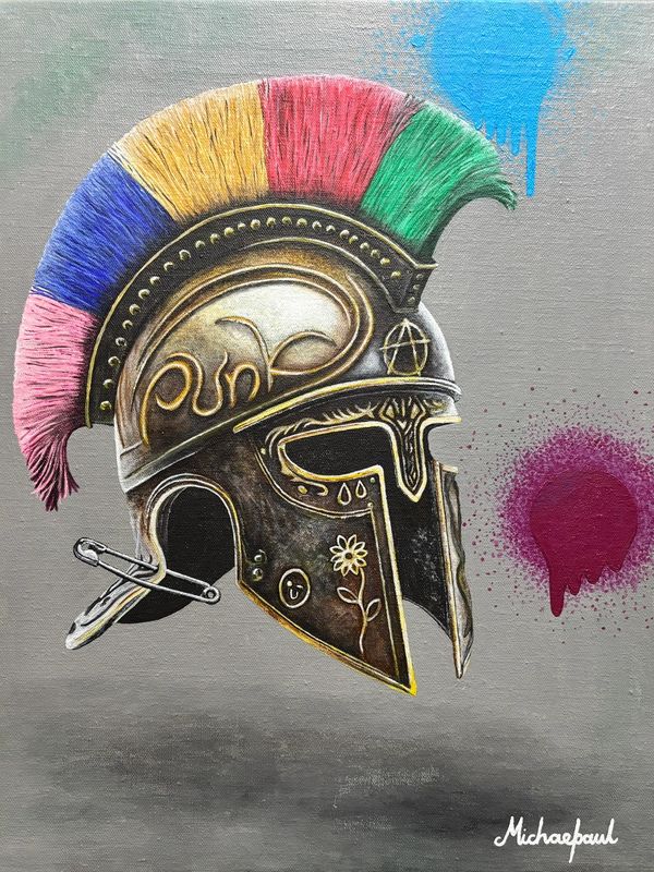 Colorful mohawk Roman helmet with safety pin and graffiti art.