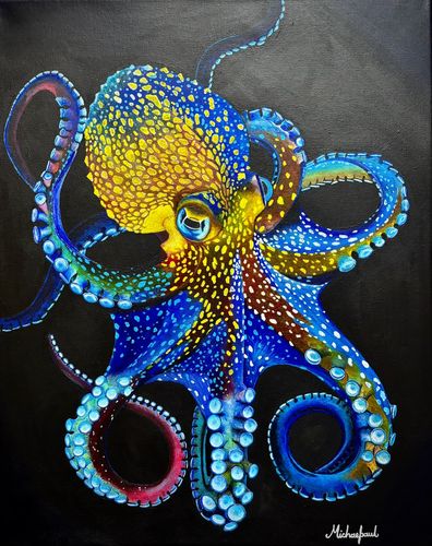 Colorful octopus painting on black background.