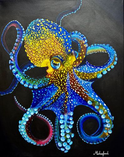 Colorful octopus painting on black background.