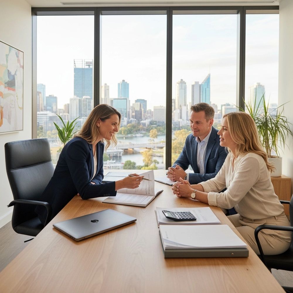 A professional woman discusses documents with a couple in a modern office with city views.