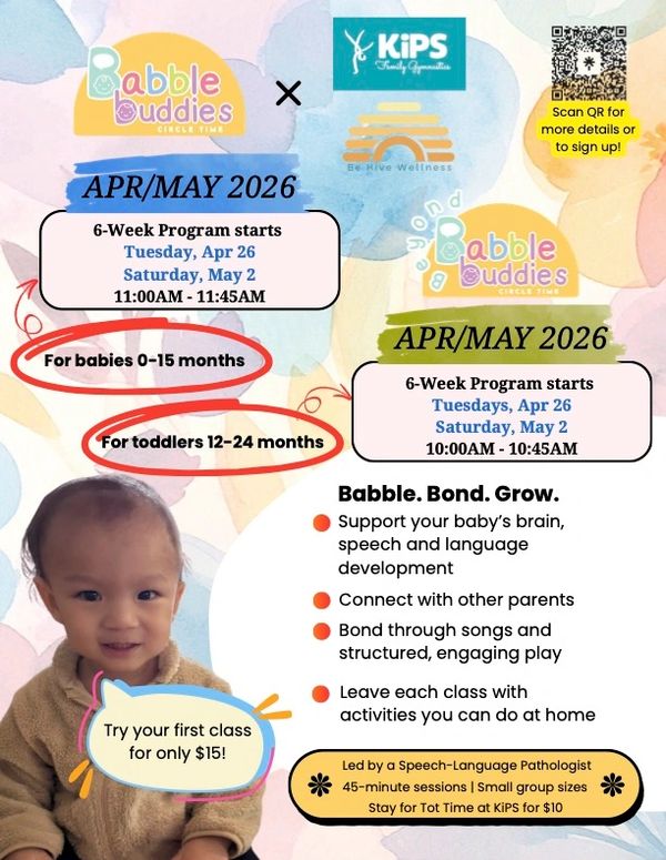 April-May 2026 Babble Buddies programs for babies and toddlers, supporting speech and language development.