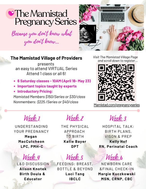 Flyer for The Mamistad Pregnancy Series, a virtual 6-week pregnancy education class.
