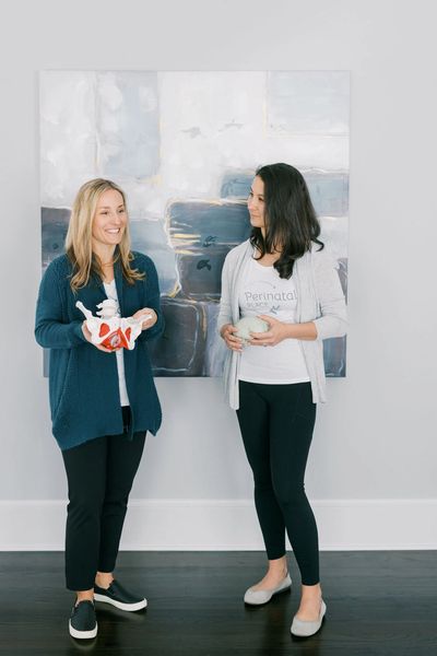 Two women discussing with anatomical models in a modern room.