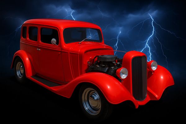 Bright red vintage car with exposed engine against a stormy lightning sky.