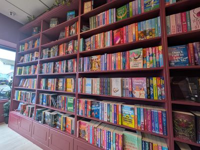 Large wooden bookshelf filled with colorful books in a cozy room.