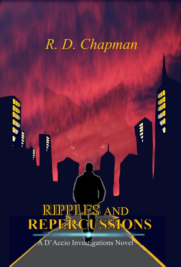 Man walking down dark city scape with a wolf image looking down from skyline. 