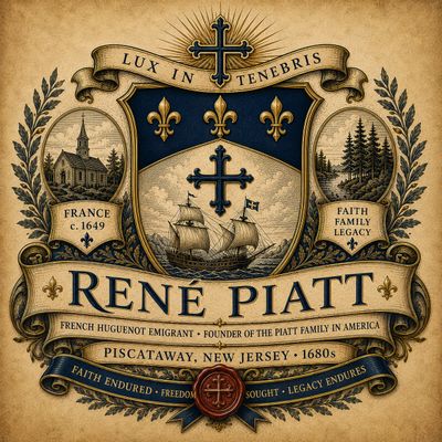 Coat of arms for René Piatt, French Huguenot emigrant with historical symbols.
