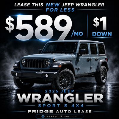 Lease a 2026 Jeep Wrangler Sport S 4x4 for $589/month with $1 down.