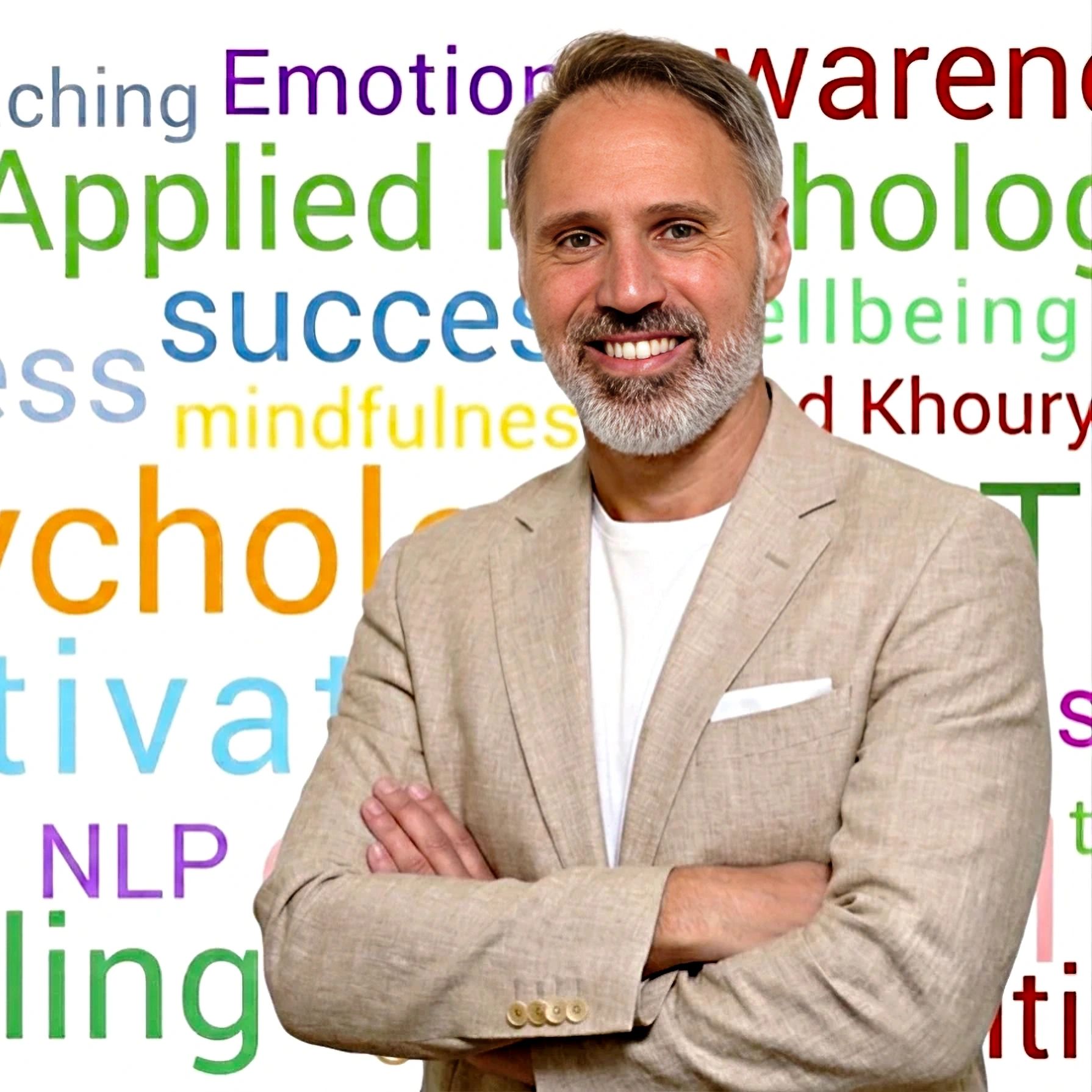 Confident man with words related to psychology in the background.