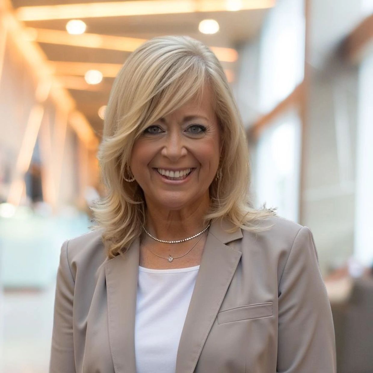 Smiling woman in beige blazer in a modern indoor setting.