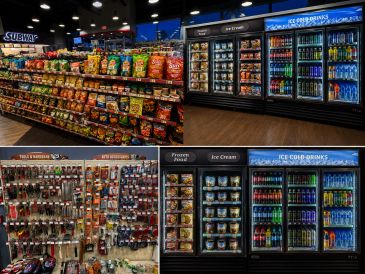 Store shelves stocked with snacks, drinks, and accessories.