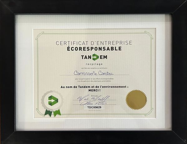 Certificat d'entreprise écoresponsable de Tandem recyclage.