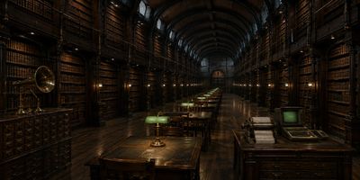 A grand, old library with rows of wooden tables and bookshelves.