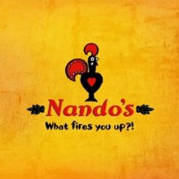 Nando's logo with a fiery rooster and slogan.