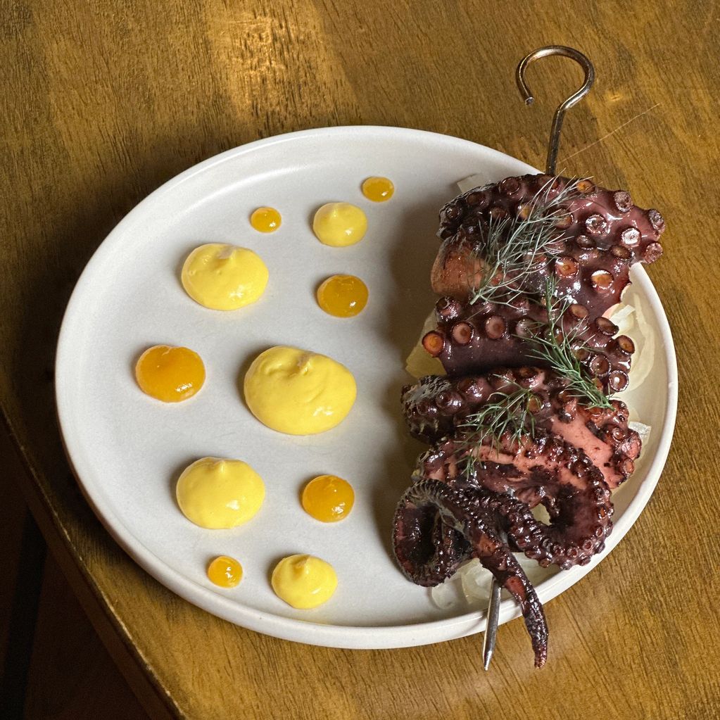 Grilled Octopus with pickled Fennel, Saffron Aioli and Orange Jelly 