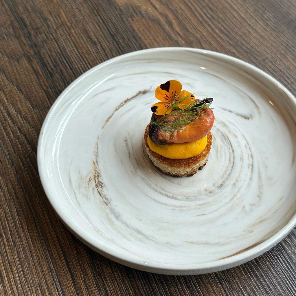 Pickled Mussels with Carrot Purée on Sourdough Crisp 